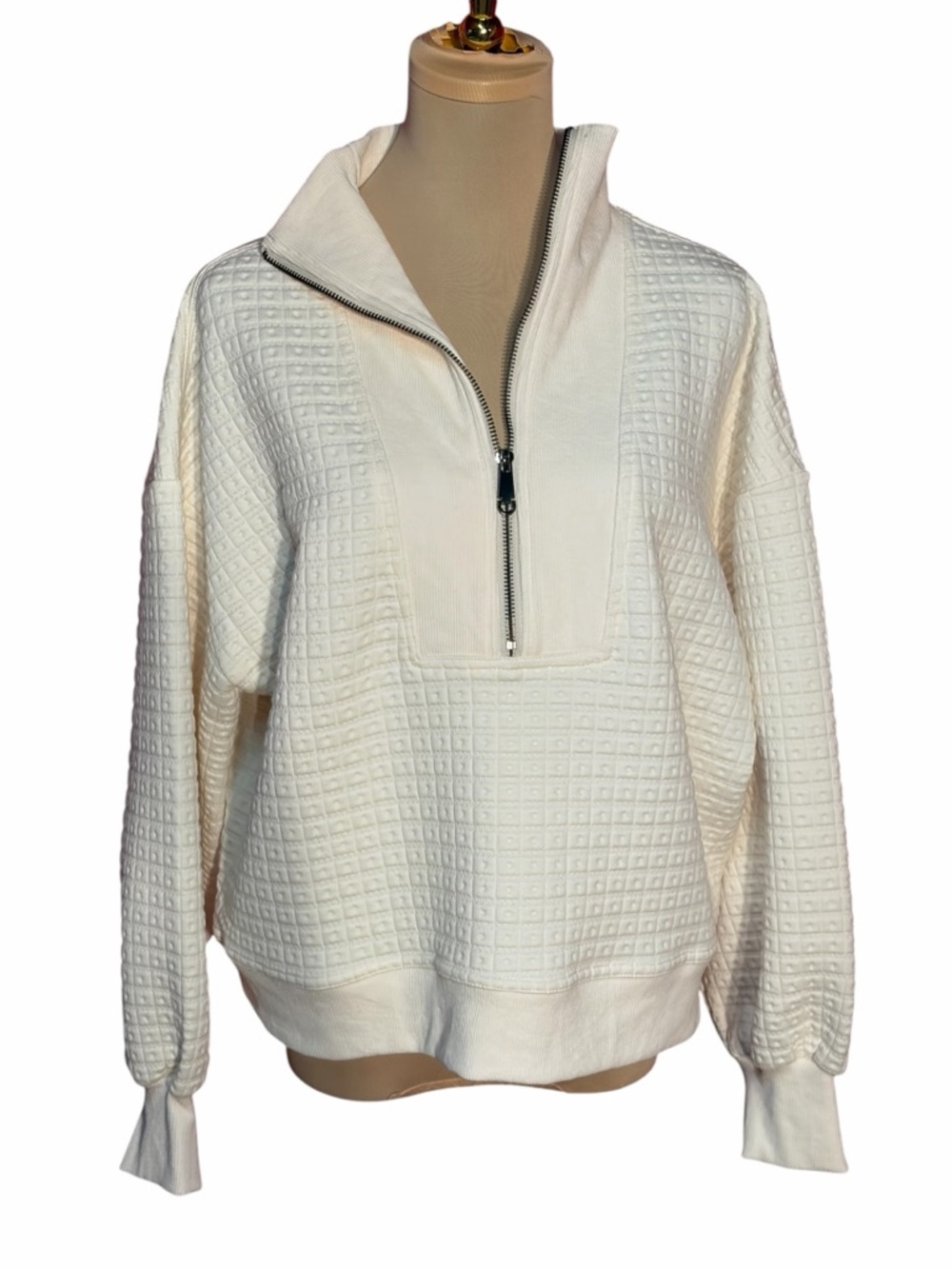 Entro Cream Waffle Knit Half Zip Pullover Large